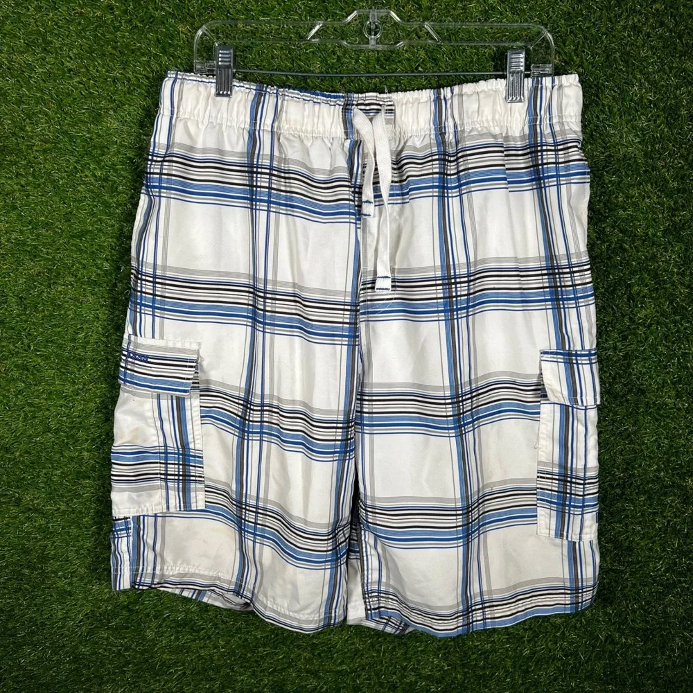 US Polo Assn Mens XL Swim Trunks‎ White Blue Plaid Cargo Board Shorts